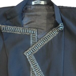 Hussy Black Beaded Trim Open Front Blazer | Structured Designer Jacket